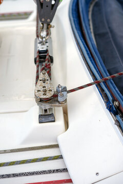 Yachting details. Rope lockers, standing and running rigging on a sailing Ship.
