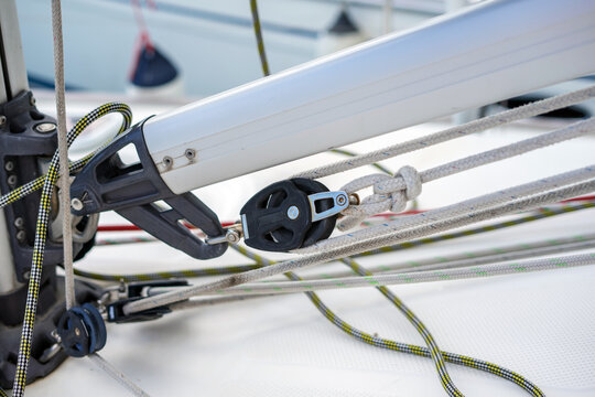 Yachting details. Rope lockers, standing and running rigging on a sailing Ship.