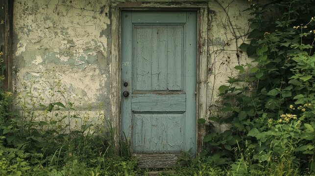 A time-worn door with cracked jambs in an abandoned rural house surrounded by overgrown weeds