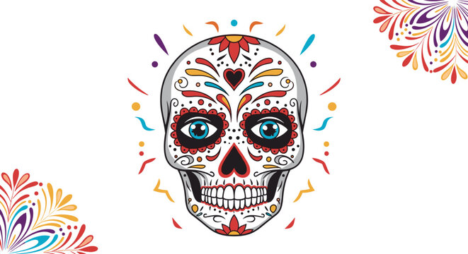 Colorful sugar skull for Day of the Dead is decorated with intricate patterns, flowers, and bright blue eyes on white.
