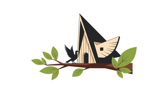 Cozy birdhouse with a unique triangular roof is perched on a leafy branch with a small black bird landing on its perch.