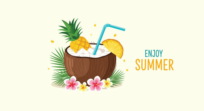 Refreshing coconut tropical drink is served with a straw, pineapple wedge, and beautiful hibiscus flowers for summer.