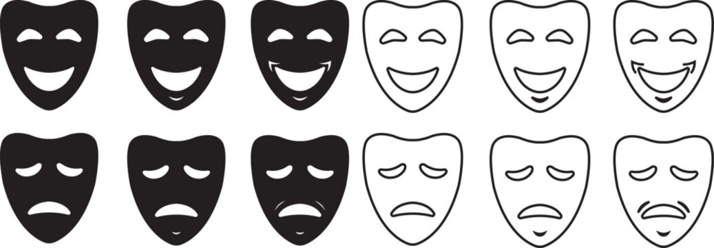 Masquerade theater mask icon set collection with comedy tragedy drama face symbols in solid and outline styles isolated on transparent background for performance and entertainment