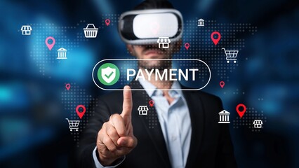 Fototapeta premium Virtual Reality Payment Solutions with Digital Graphics and Shopping Icons for Innovative Banking and E-commerce Experiences Gluon.