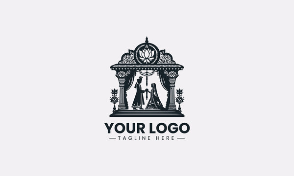 Traditional Indian wedding couple garland ceremony mandap silhouette vector logo