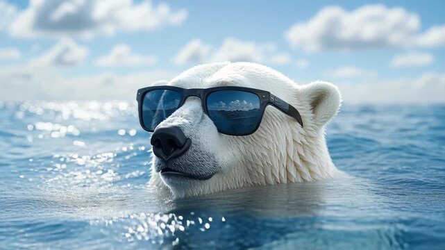 Polar bear swimming with sunglasses, blue ocean water, bright sky with clouds, funny animal.