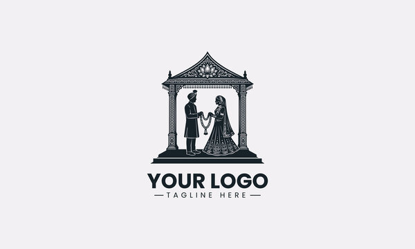 Traditional Indian wedding couple garland ceremony mandap silhouette vector logo