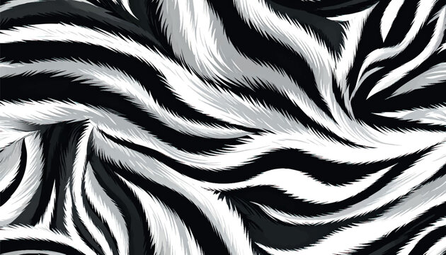 Abstract zebra fur texture with dynamic black and white wavy stripes. Realistic animal skin pattern featuring flowing hairy details, bold contrast, and exotic wildlife-inspired design.