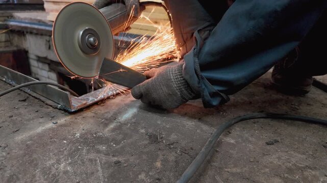 Industrial worker grinding a metal bar with a powerful angle grinder, creating a shower of bright orange sparks on the concrete floor of a workshop during the manufacturing process