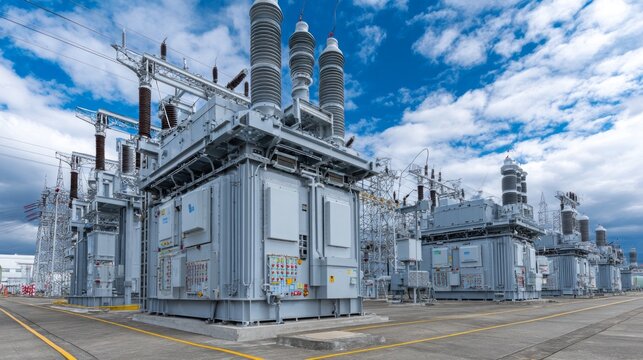 Powerful transformers against a blue sky symbolise the energy sector, providing a stark backdrop for content on infrastructure, technology and industry.