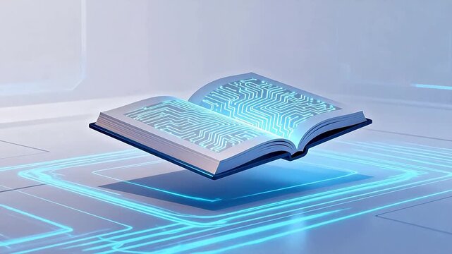 Floating book with glowing circuit patterns
