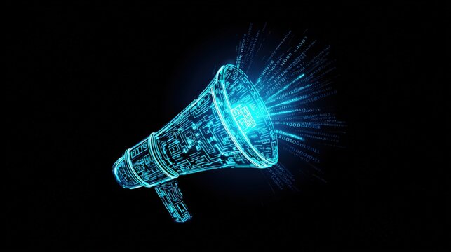 Digital megaphone emitting glowing blue light and sound waves, symbolizing communication and announcement in a futuristic technology concept. ..Created with Generative AI, not depicting real subjects.