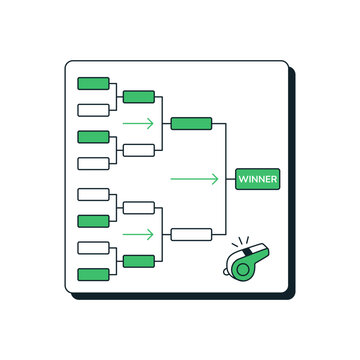 Soccer tournament playoff bracket and referee whistle in minimalist green line art.