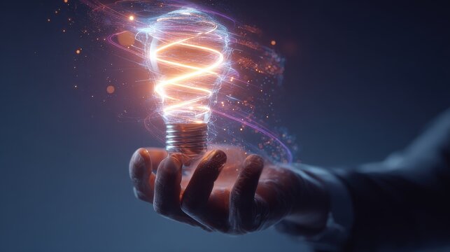 A hand holds a glowing light bulb, symbolizing innovation and new ideas, with ethereal energy swirling around it. ..Created with Generative AI, not depicting real subjects.