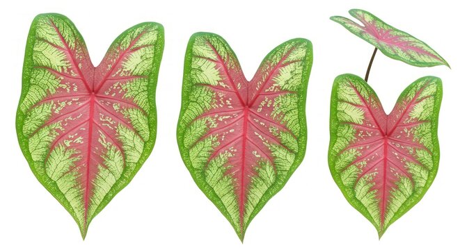 Vibrant heart-shaped Caladium leaves isolated on white.