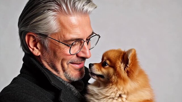 Man with glasses holding small dog