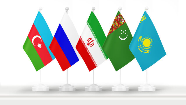 State flags of Azerbaijan, Russia, Iran, Turkmenistan, Kazakhstan (Caspian sea countries), isolated on white background. Concept of official meetings, events and summits on government level. Business,