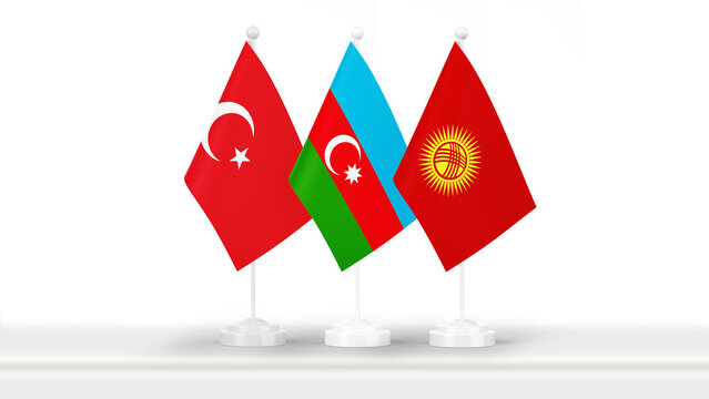 State flags of Azerbaijan, Turkiye and Kyrgyzstan, isolated on white background. Concept of official meetings, events and summits on government level. Business, collaborations and negotiations.