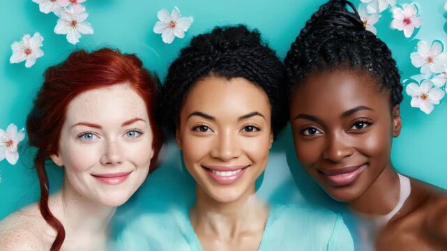 Slow motion tracking shot of three women smiling and floating in turquoise floral bath setting