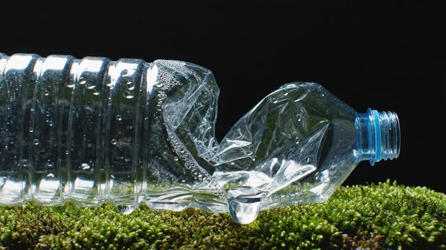 Water dripping onto a crushed plastic bottle lying on green moss. Environmental waste impact visualization showing liquid accumulation in non-biodegradable debris