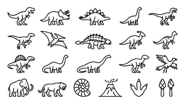 Comprehensive Collection of Minimalist Dinosaur and Prehistoric Line Icons Including T-Rex, Triceratops, Stegosaurus, Mammoth, Saber-Toothed Tiger, Volcano, Fossil, and Ancient Stone Tools.
