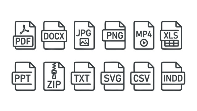 Vector Set of File Format and Document Type Line Icons Including PDF, DOCX, JPG, PNG, MP4, XLS, PPT, ZIP, TXT, SVG, CSV, and INDD in a Minimalistic Outline Style on a Clean White Background.