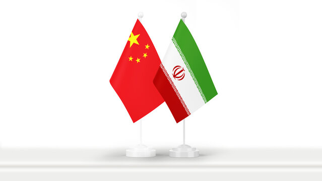 State flags of China and Iran, isolated on white background. Concept of official meetings, events and summits on government level. Business, collaborations and negotiations.