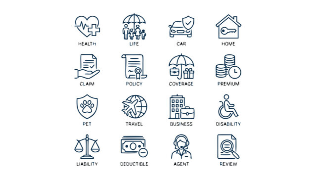 Comprehensive Set of 16 Insurance Line Icons Including Health, Life, Car, Home, Claim, Policy, Coverage, Premium, Pet, Travel, Business, Disability, Liability, Deductible, Agent, and Review Symbols.