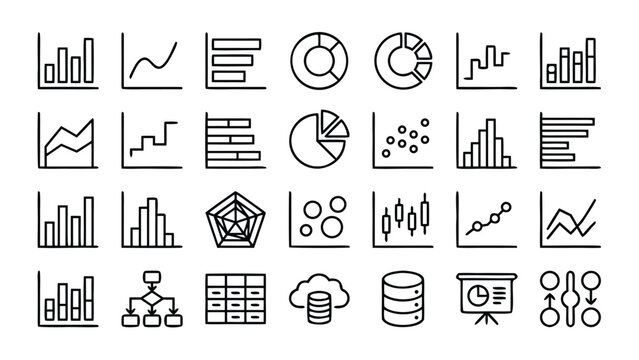 Professional Data Visualization Line Icon Set Including Bar Charts, Line Graphs, Pie Charts, Area Charts, Scatter Plots, Histograms, Radar Charts, Flowcharts, Tables, and Database Symbols.