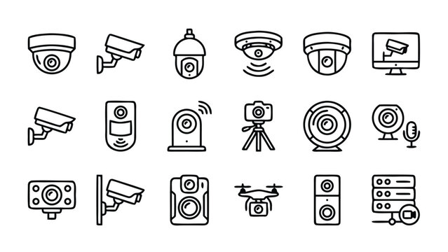 Comprehensive Collection of 18 Security and Surveillance Camera Line Icons. Minimalist Vector Symbols for CCTV, Smart Home Monitoring, Video Protection, and Safety Systems Design and Apps.