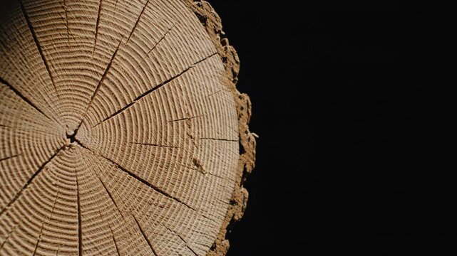Cross section of a tree trunk with visible annual rings. Timber segment showing wood texture and grain. Forestry industry material for construction and design use