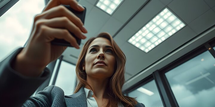 Low angle perspective, intense dramatic weather conditions. A realistic selfie taken with a camera showing a woman in a professional office setting.  Photo of the year style, soft contrast.
