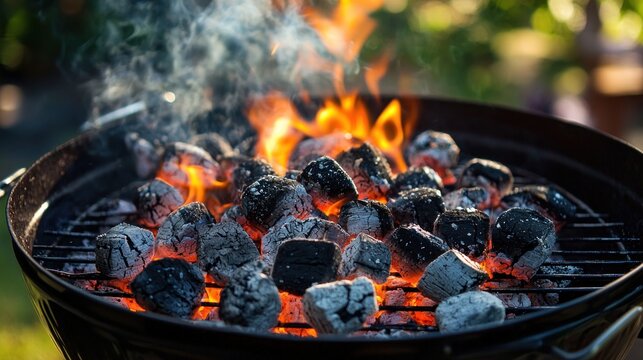 A barbecue grill full of glowing charcoal briquettes and sizzling food during a summer cookout
