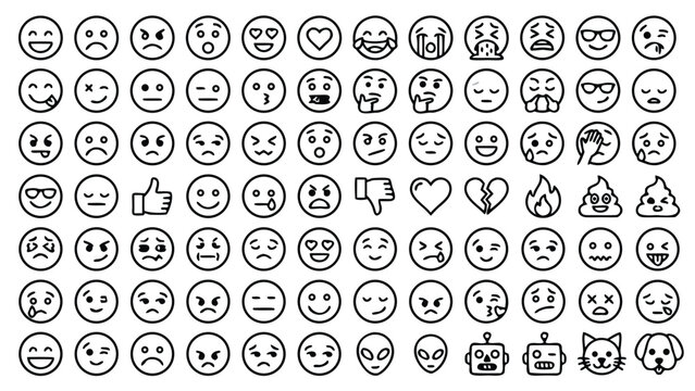 Vector Set of 84 Minimalist Emoji Line Icons: Unique Reaction Smileys, Facial Expressions, Hand Gestures, Hearts, and Character Avatars for Digital Communication, Apps, and Social Media Design.