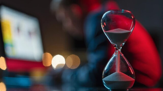 Hourglass sand timer deadline time pressure countdown focus business office stress blur night office work modern hourglass sand countdown deadline