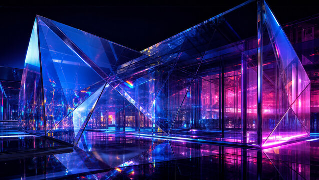 Futuristic Prism Glass Structures in Dark Neon Space with Cinematic Lighting