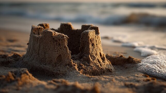 sandcastle. A sandcastle on a beach, its base eroded by waves as the upper structure tilts and crumbles at sunset. inspiring travel planning.