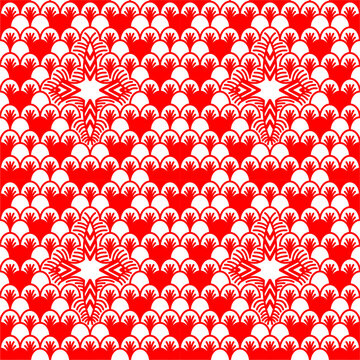 Geometric scale pattern representing traditional rice terraces and plants