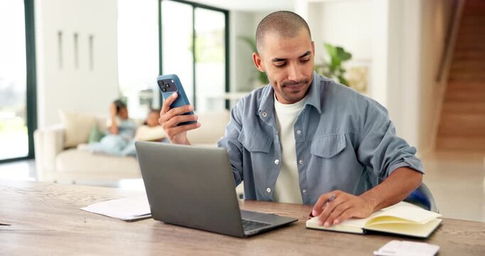 Man, phone and reading with laptop at house for research, finance report and mortgage payment. Male person, tech and writing on notebook for financial reminder, online banking and budget comparison