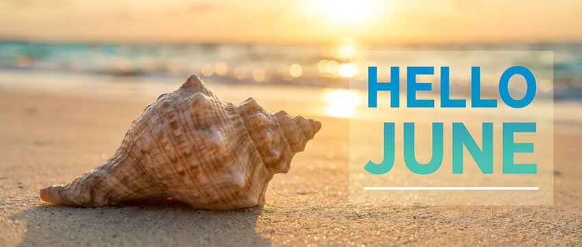 Hello june text with shell on beach with ocean waves and sunset light at golden hour, sunny summer beginning.