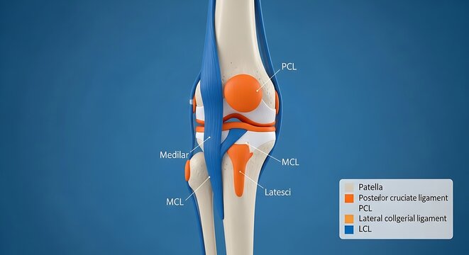 Comprehensive human knee joint anatomy with labeled components and detailed legend for educational purposes
