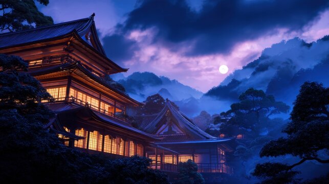 A tranquil night scene featuring a traditional building nestled among trees with a glowing moon