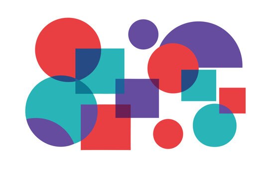 Abstract Geometric Composition with Overlapping Colorful Shapes, Vibrant Circles, Squares, and Semi-Circles in Red, Purple, and Teal on White Background, Modern Minimalist Vector Art Design.