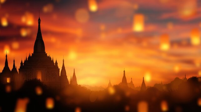 Silhouette of ornate structures against a vibrant sunset with floating lanterns illuminating the sky