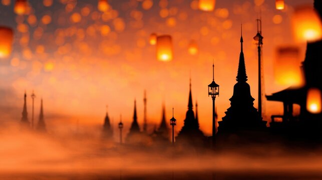 A captivating sunset scene illuminated by lanterns, featuring silhouettes of ornate structures
