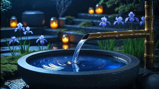 Traditional bamboo water fountain pouring water into a stone basin in a night garden