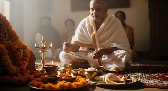 Priest performs a traditional Hindu religious ritual with oil lamps and floral offerings while devotees sit in the background.