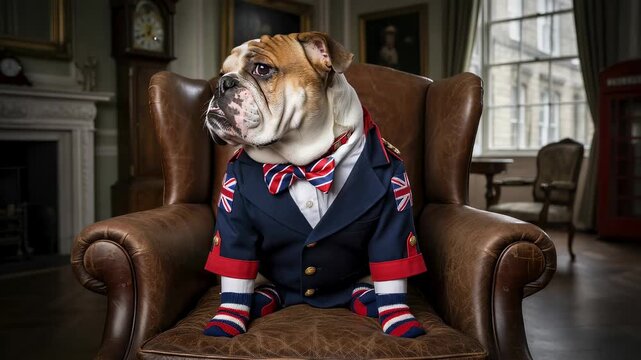 Bulldog wearing a suit jacket and bow tie with national flag pattern sits in a leather chair. British patriotic animal symbol for a national celebration event.