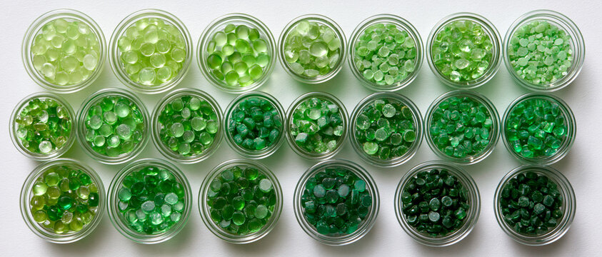 A diverse collection of green plastic pellets and granules in various shades and textures, neatly arranged in small glass jars on a white surface for industrial manufacturing and processing.