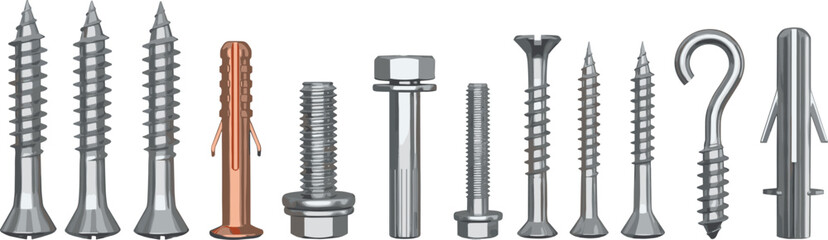 Metal screws bolts anchors and fasteners vector collection for construction hardware engineering repair and industrial design © Prodip